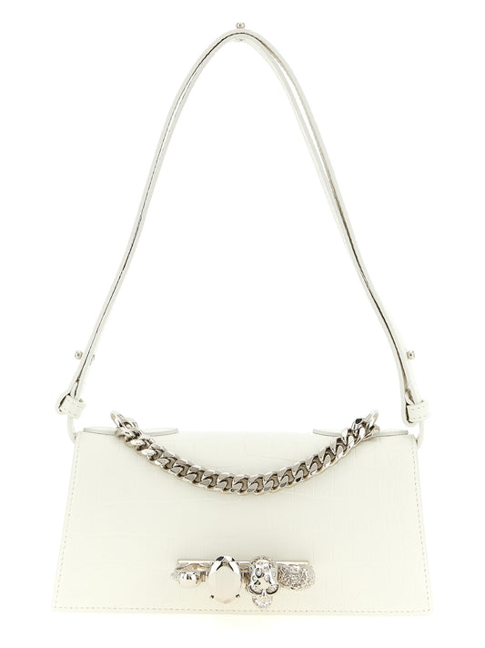 Mini Shoulder Flap Bag by Alexander McQueen for women in calfskin leather white, signature & print presents a statuesque silhouette, showcasing a secure flap & magnetic and statuesque with versatile shoulder-strap, adjustable-strap & handle for a sophisticated look.