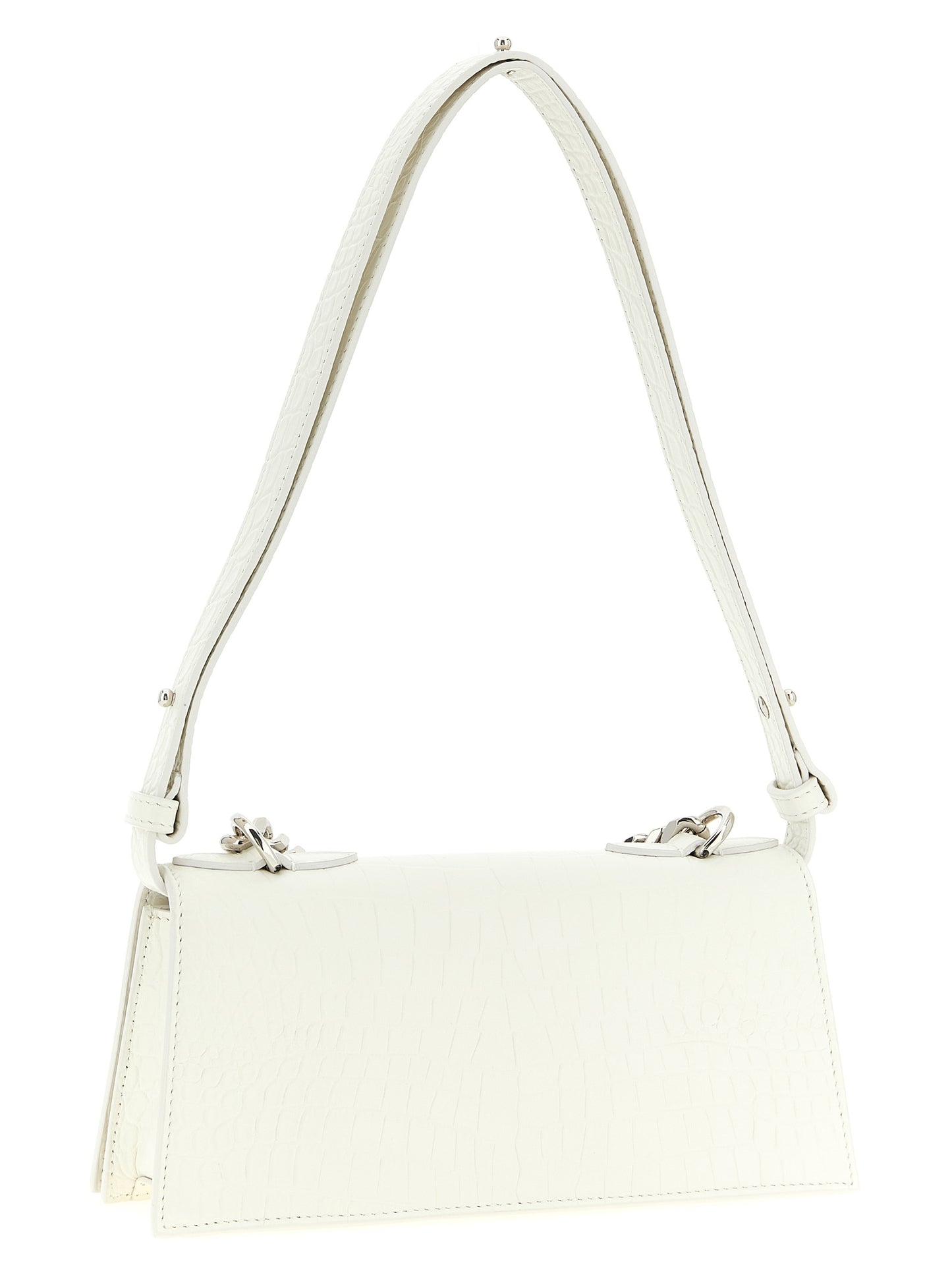 Mini Shoulder Flap Bag by Alexander McQueen for women in calfskin leather white, signature & print showcases a statuesque silhouette, artfully detailed with a secure flap & magnetic, organized , and versatile shoulder-strap, adjustable-strap & handle for a statuesque look.