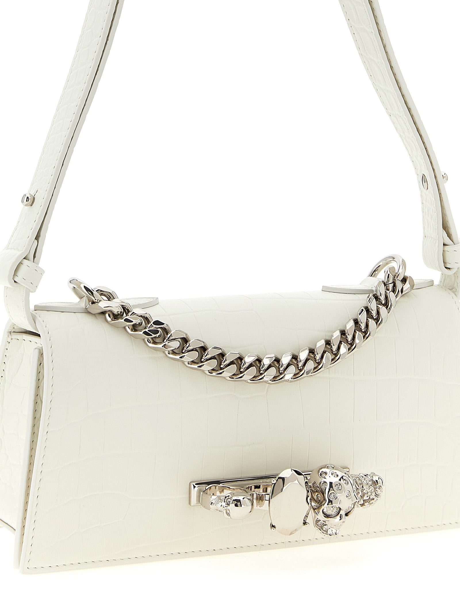 Mini Shoulder Flap Bag by Alexander McQueen for women in calfskin leather white, signature & print features an effortlessly chic silhouette with a secure flap & magnetic, ample , and versatile shoulder-strap, adjustable-strap & handle for effortlessly chic everyday luxury.