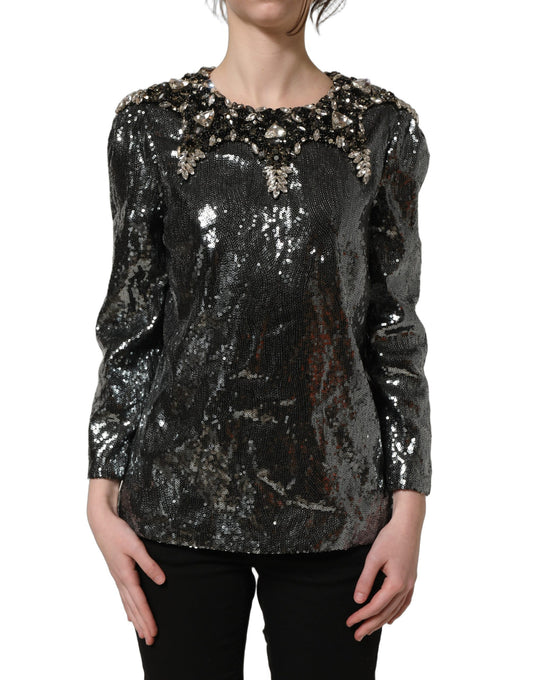 Dolce & Gabbana Metallic Gray Sequin Embellished Blouse Top
