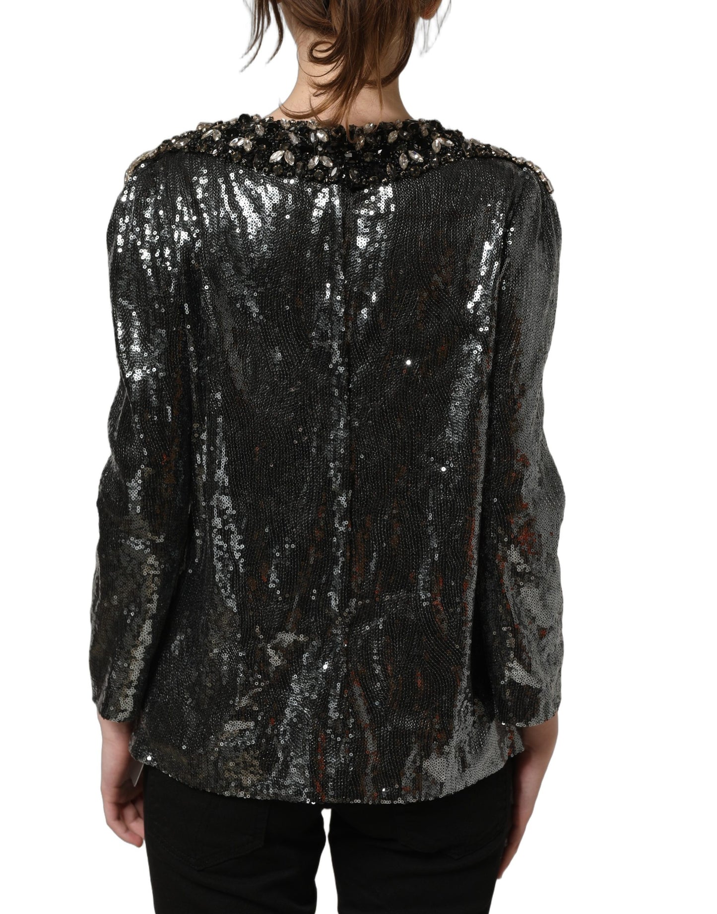 Dolce & Gabbana Metallic Gray Sequin Embellished Blouse Top