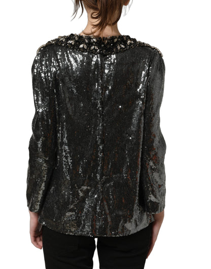Dolce & Gabbana Metallic Gray Sequin Embellished Blouse Top