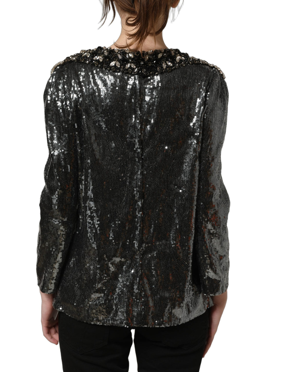Dolce & Gabbana Women's Long-Sleeve Silk Crystal Sequins & Polyester Blouse - Charcoal Gray