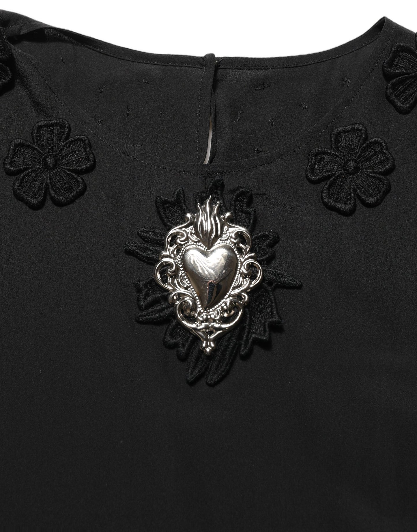 Dolce & Gabbana Black Floral Silk Heart Appliqué Blouse Top