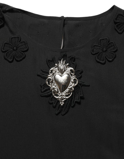 Dolce & Gabbana Black Floral Silk Heart Appliqué Blouse Top