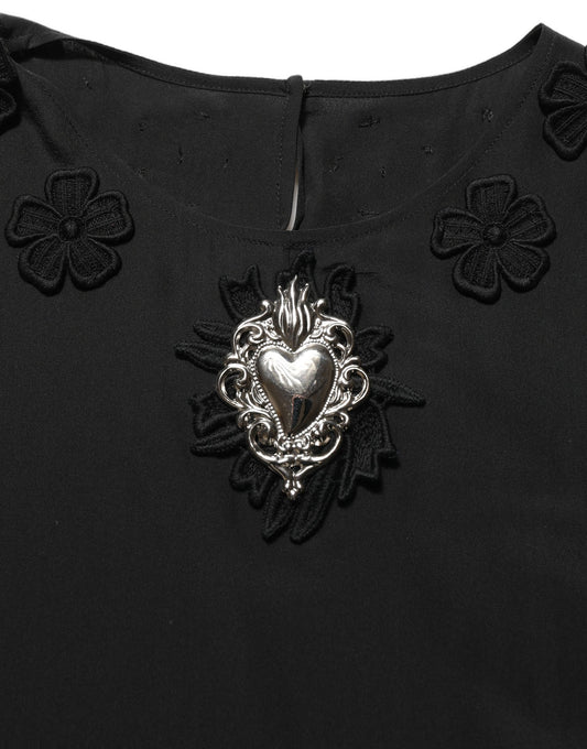 Dolce & Gabbana Black Floral Silk Heart Appliqué Blouse Top