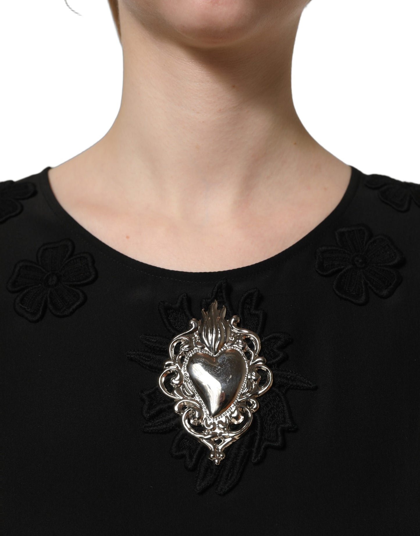 Dolce & Gabbana Black Floral Silk Heart Appliqué Blouse Top
