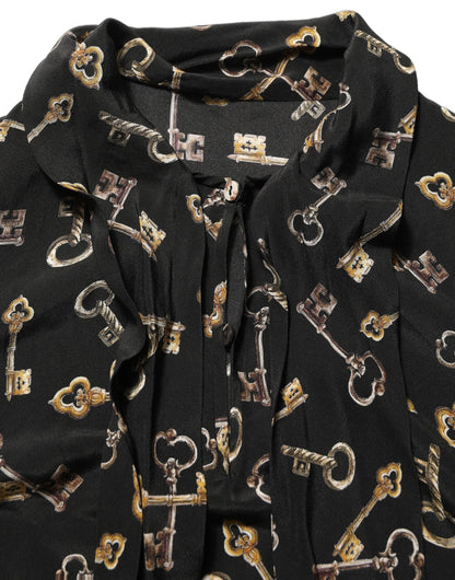 Dolce & Gabbana Black Keys Print Silk Tie Neck Blouse Top