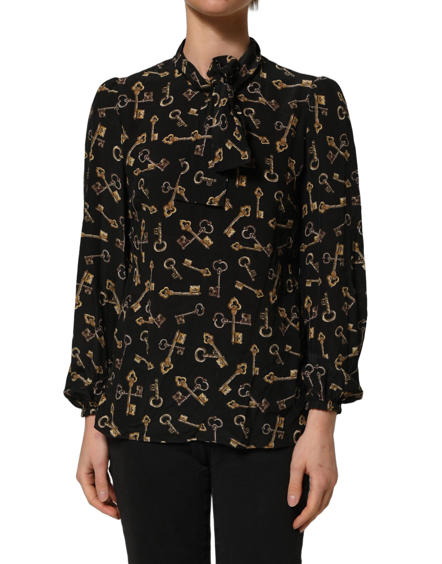 Dolce & Gabbana Black Keys Print Silk Tie Neck Blouse Top