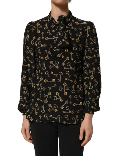 Dolce & Gabbana Black Keys Print Silk Tie Neck Blouse Top