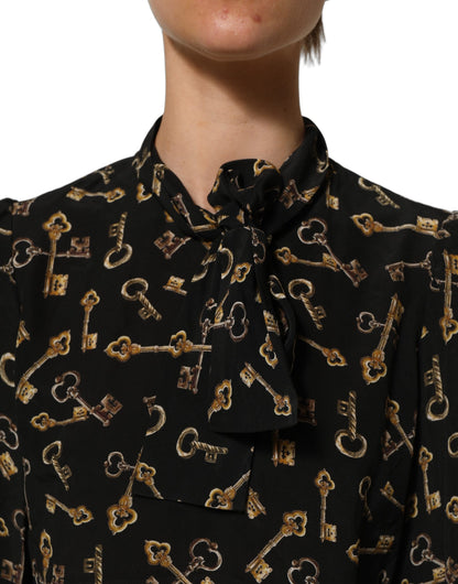 Dolce & Gabbana Black Keys Print Silk Tie Neck Blouse Top