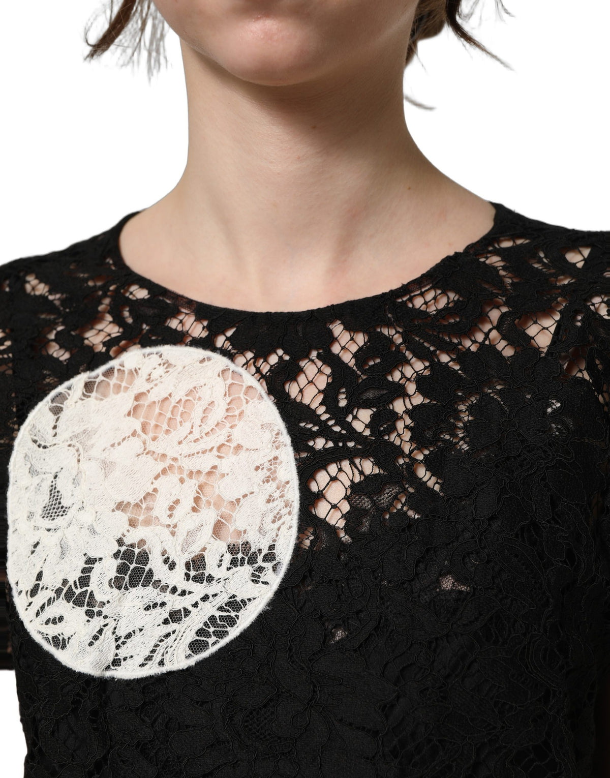 Dolce & Gabbana Women's Short-Sleeve Round Neck Cotton Silk Viscose & Lace Blouse - Black White Floral