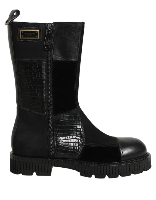 Dolce & Gabbana Men's Leather & Cotton Flat Mid-Calf Short Boots - Black Patchwork