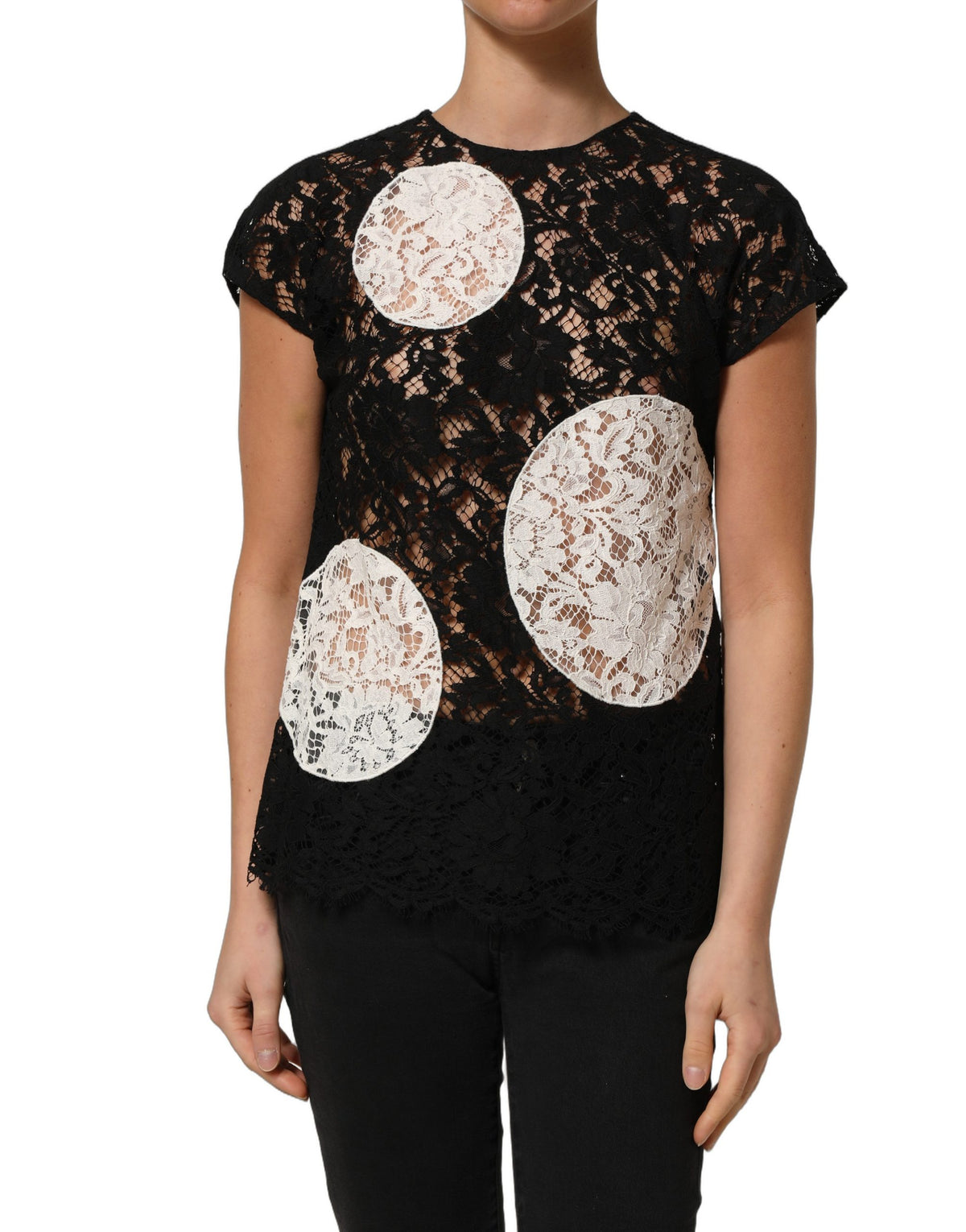 Dolce & Gabbana Women's Short-Sleeve Round Neck Cotton Silk Viscose & Lace Blouse - Black White Floral