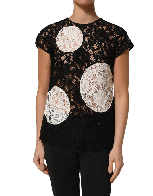 Dolce & Gabbana Black White Floral Lace Short Sleeve Blouse Top