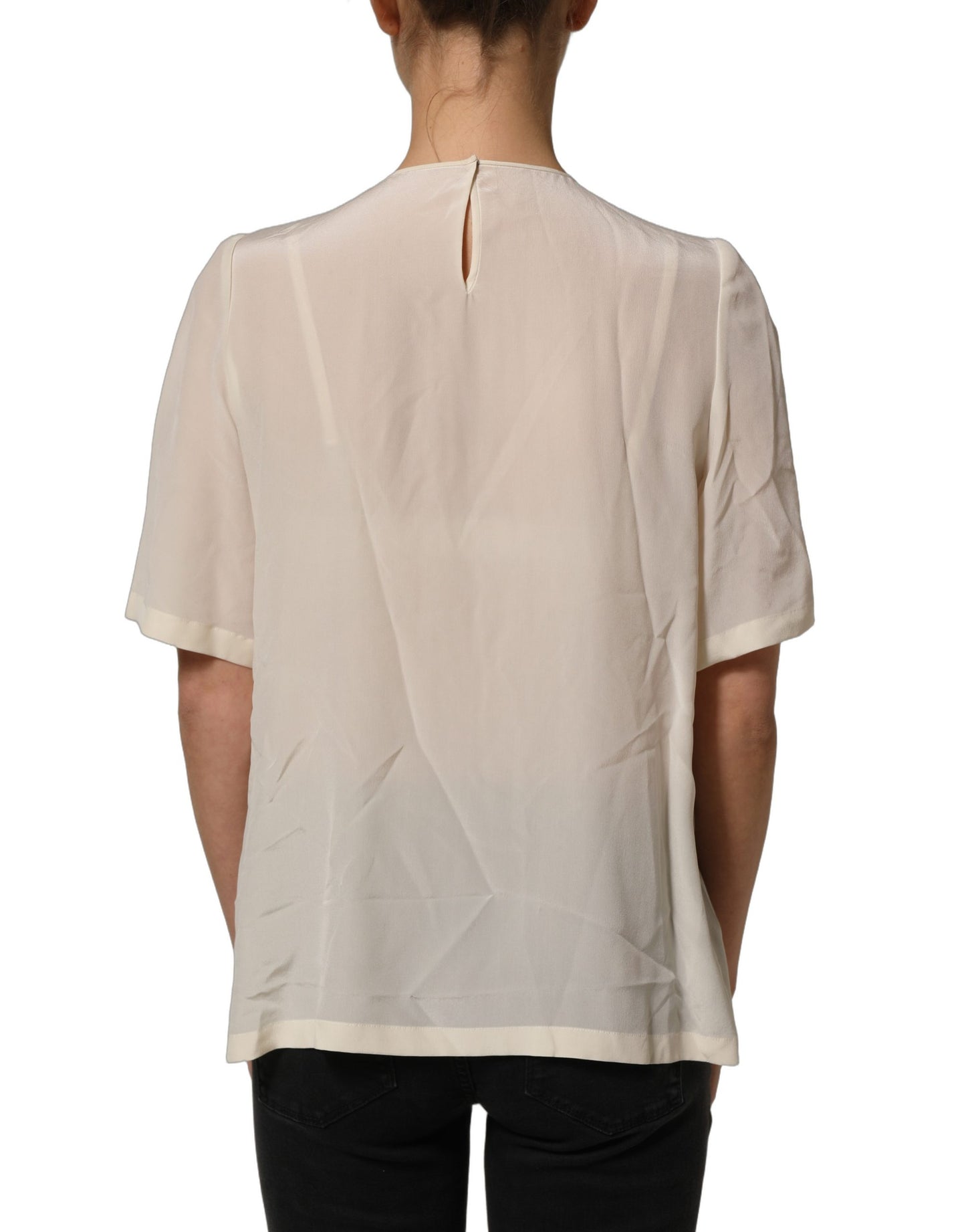 Dolce & Gabbana Beige Lace Trim Bow Short Sleeves Blouse Top