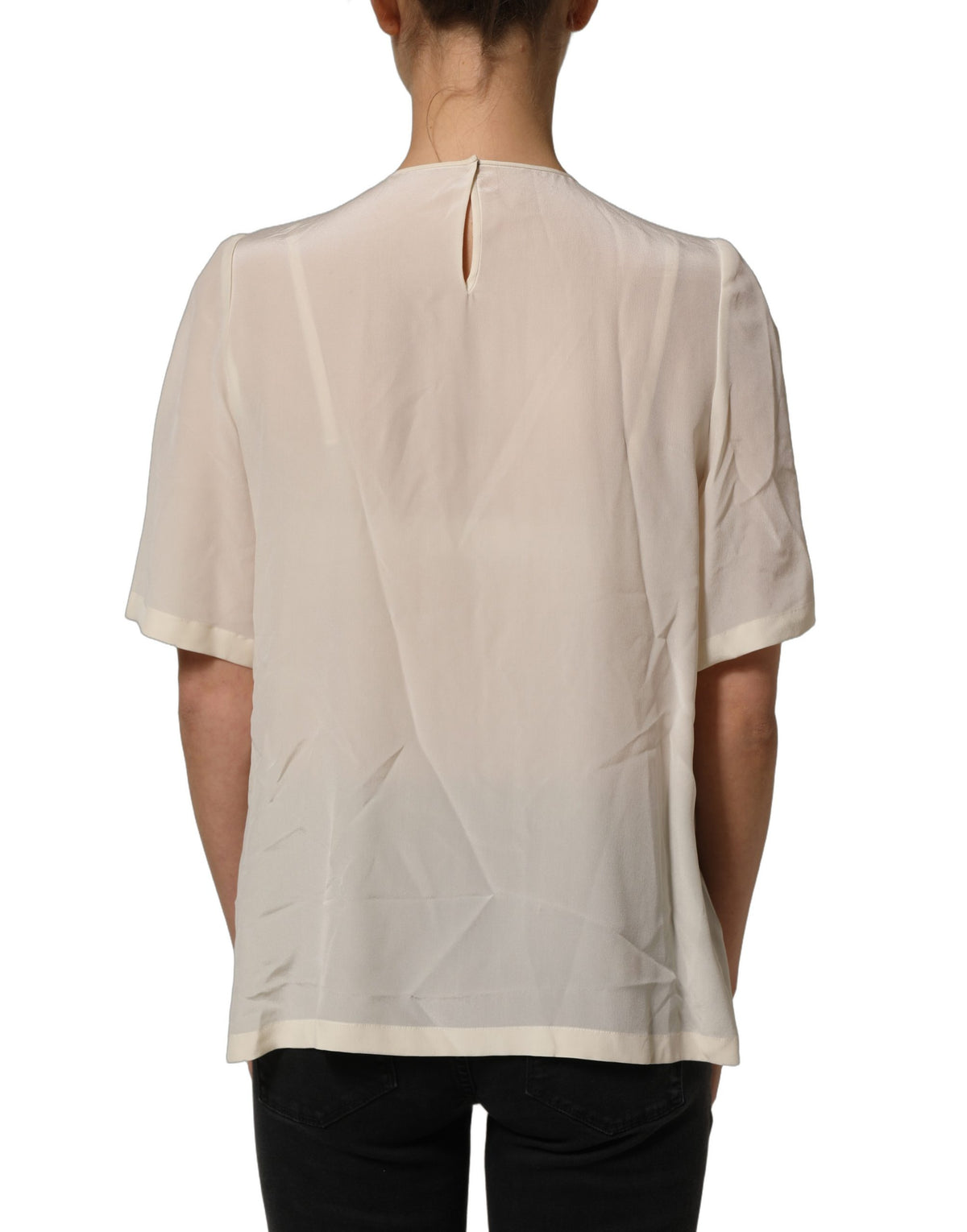 Dolce & Gabbana Women's Short-Sleeve Round Neck Cotton Silk Lace & Polyester Blouse - Beige Black