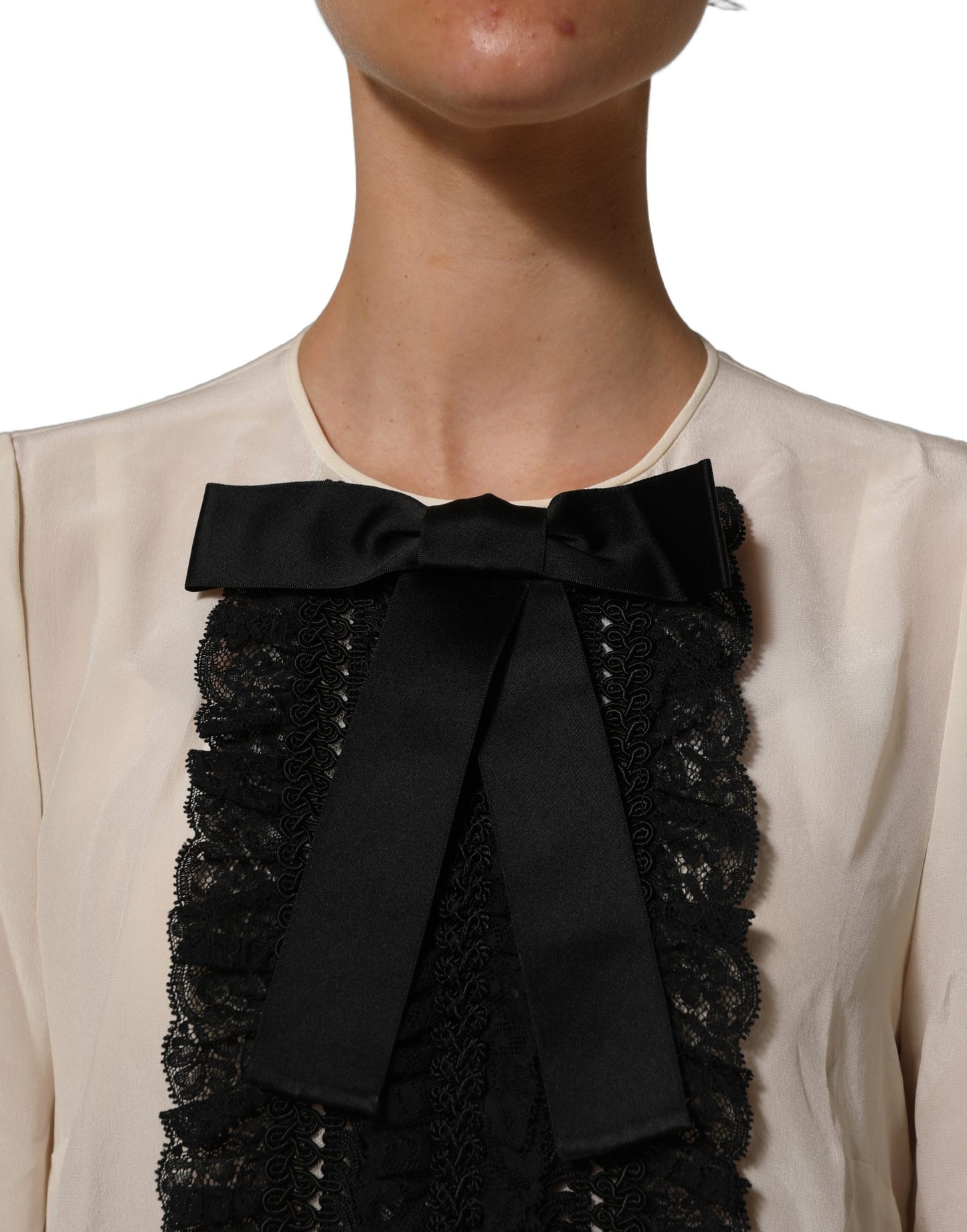 Dolce & Gabbana Beige Lace Trim Bow Short Sleeves Blouse Top