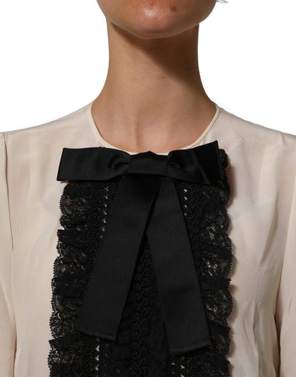 Dolce & Gabbana Beige Lace Trim Bow Short Sleeves Blouse Top