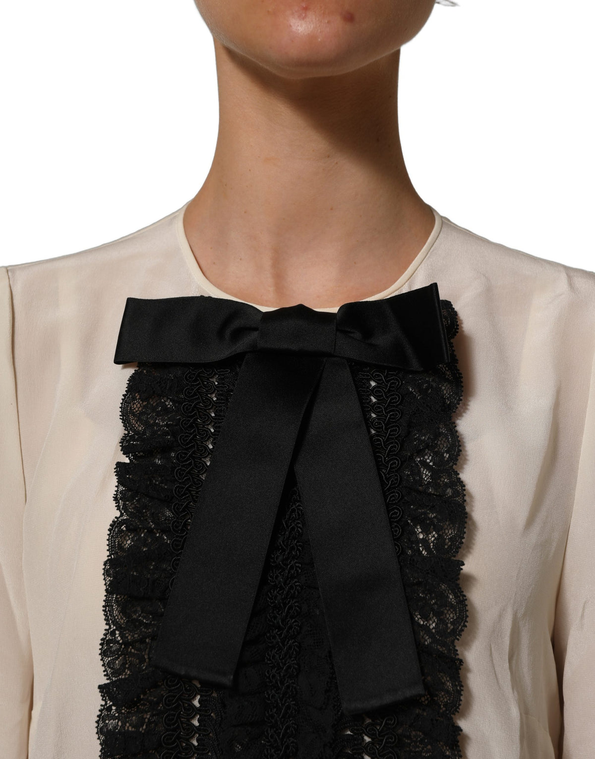 Dolce & Gabbana Women's Short-Sleeve Round Neck Cotton Silk Lace & Polyester Blouse - Beige Black