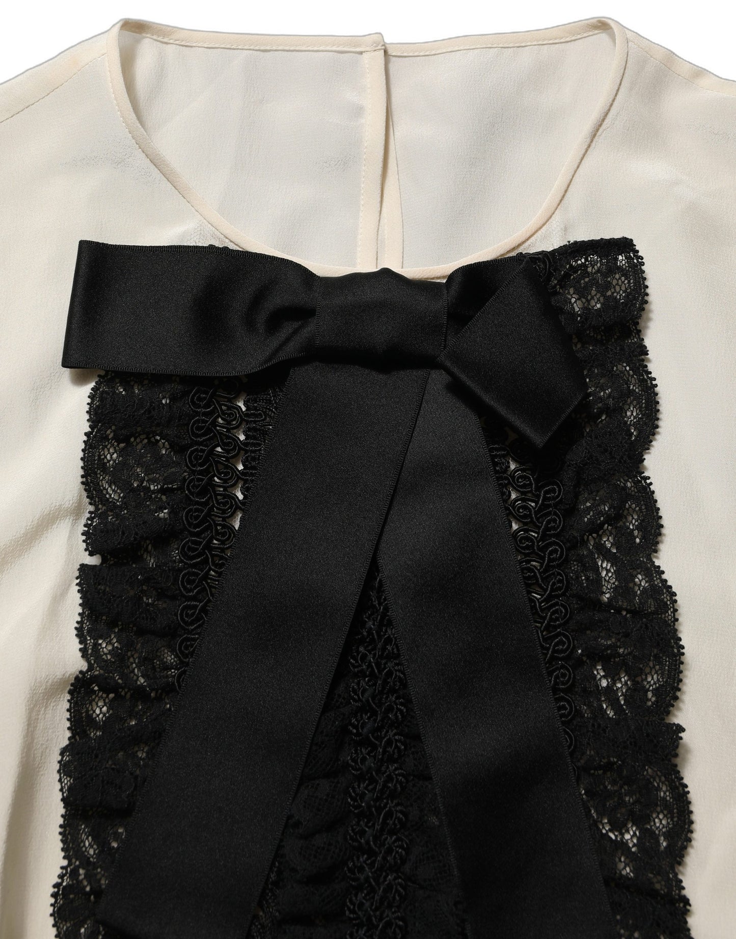 Dolce & Gabbana Beige Lace Trim Bow Short Sleeves Blouse Top