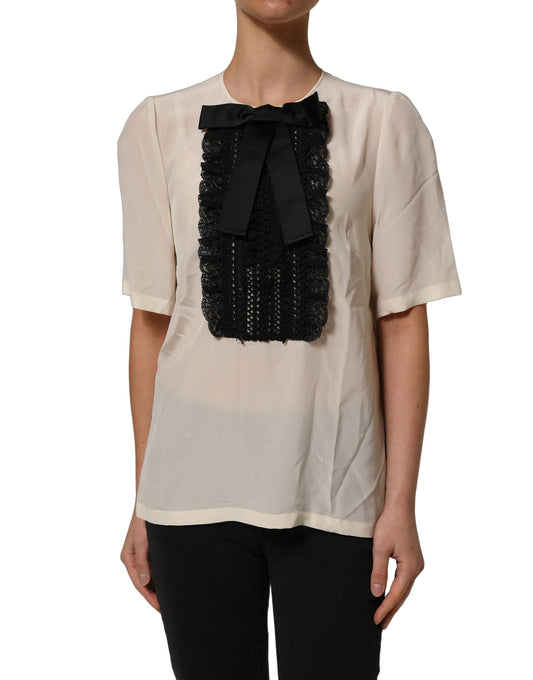 Dolce & Gabbana Women's Short-Sleeve Round Neck Cotton Silk Lace & Polyester Blouse - Beige Black