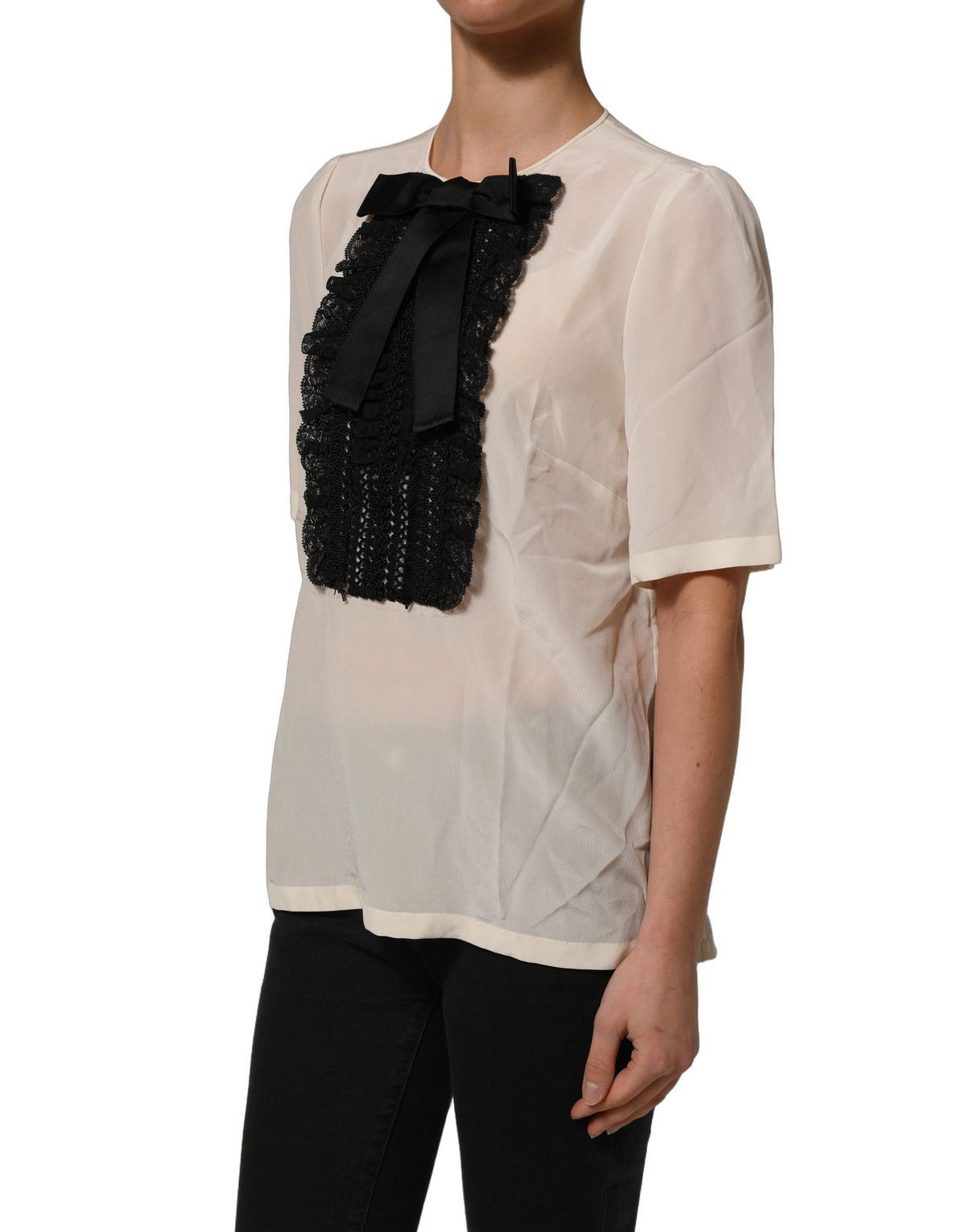 Dolce & Gabbana Women's Short-Sleeve Round Neck Cotton Silk Lace & Polyester Blouse - Beige Black