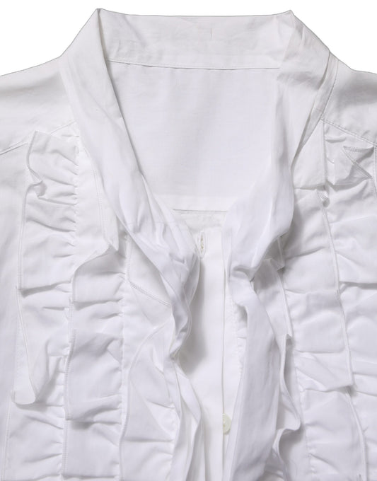 Dolce & Gabbana White Ruffled Bib Long Sleeves Blouse Top