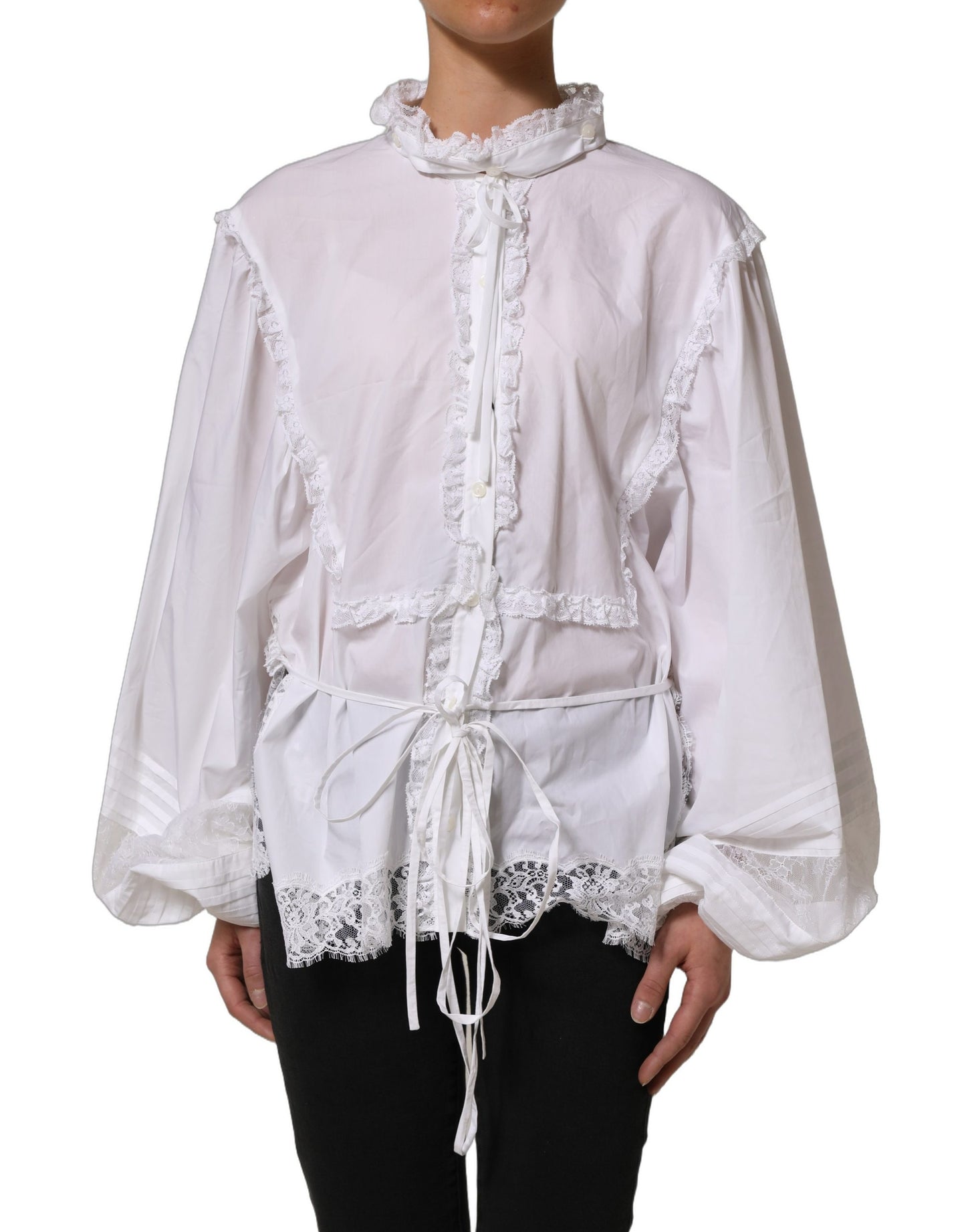 Dolce & Gabbana White Ruffled Lace Embellished Blouse Top