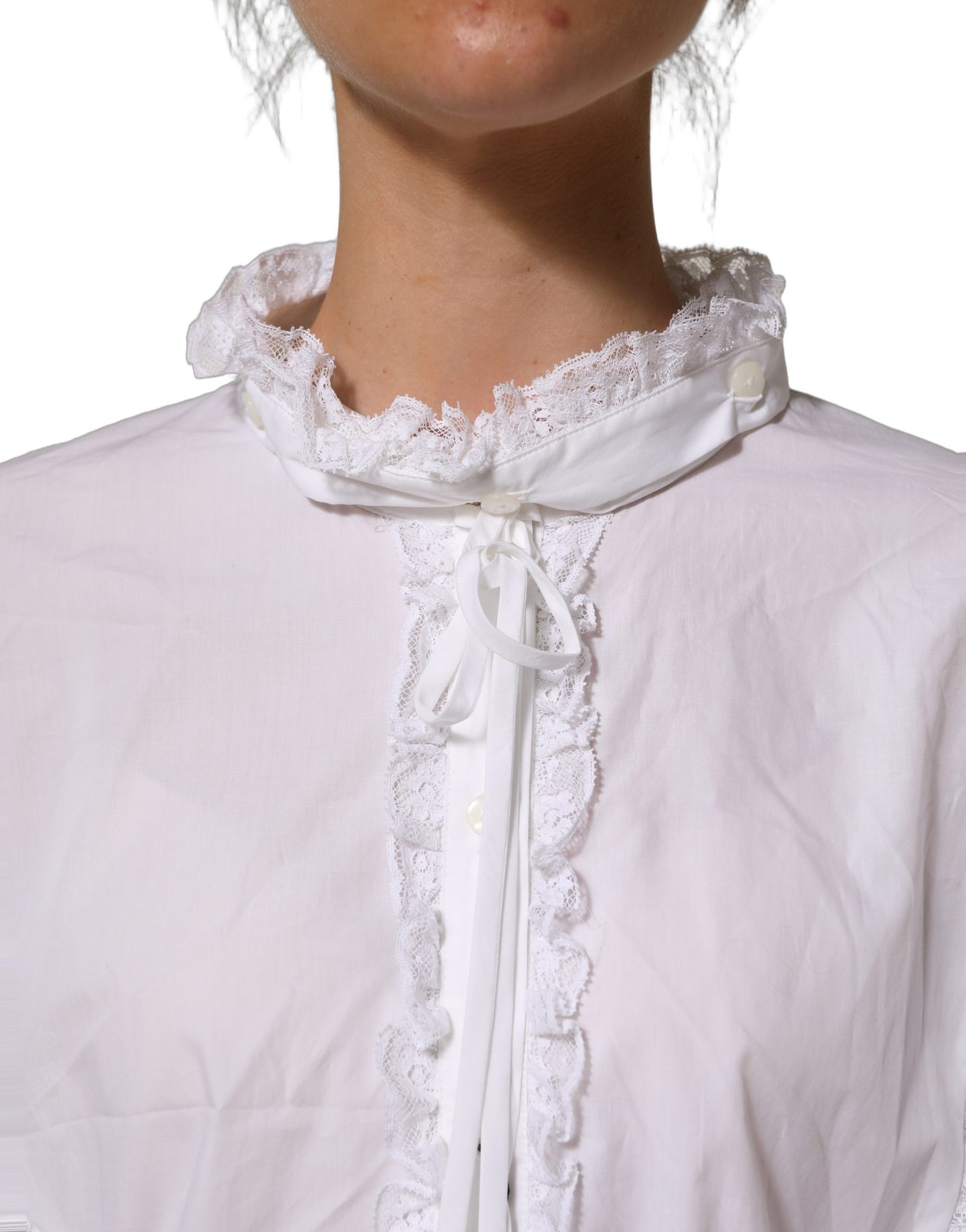 Dolce & Gabbana White Ruffled Lace Embellished Blouse Top