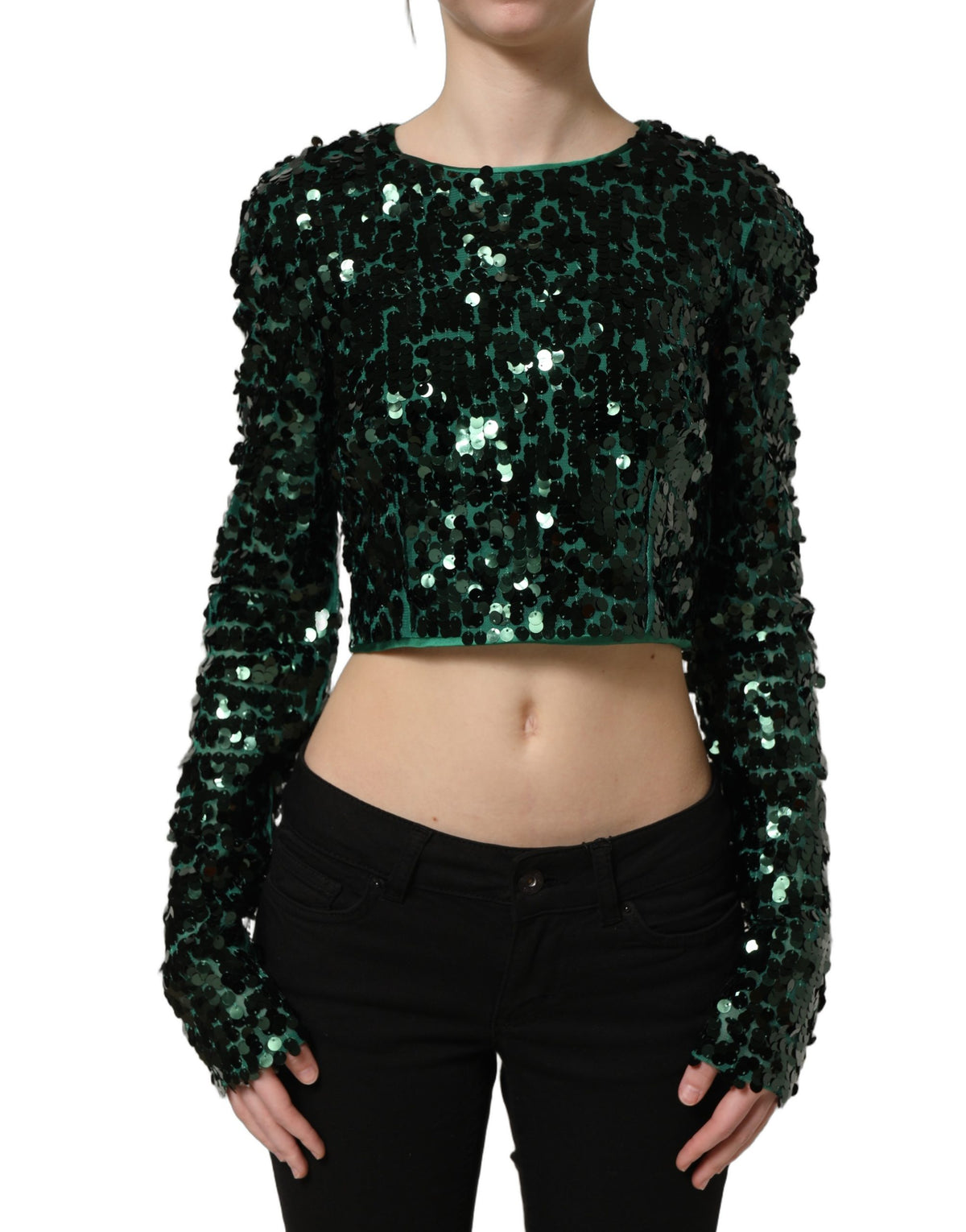Dolce & Gabbana Women's Crop Top Cropped Long-Sleeve Round Neck Silk & Nylon Blouse - Green