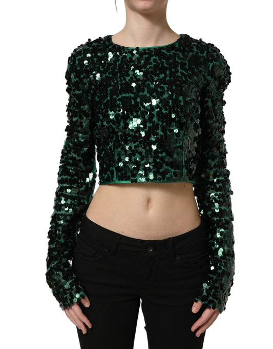 Dolce & Gabbana Women's Crop Top Cropped Long-Sleeve Round Neck Silk & Nylon Blouse - Green