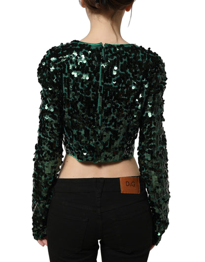 Dolce & Gabbana Green Sequined Long Sleeves Crop Blouse Top
