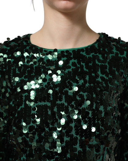 Dolce & Gabbana Women's Crop Top Cropped Long-Sleeve Round Neck Silk & Nylon Blouse - Green