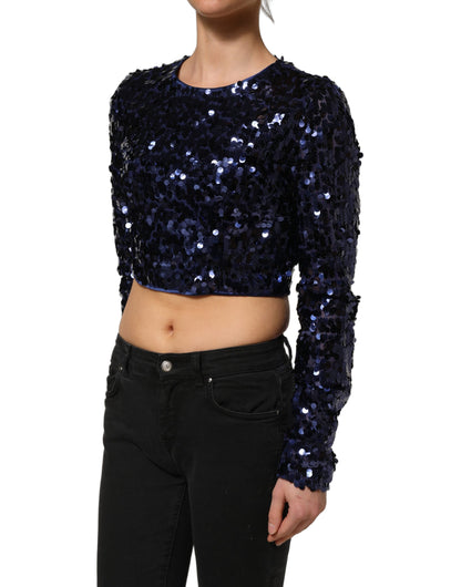 Dolce & Gabbana Women's Crop Top Cropped Long-Sleeve Round Neck Silk & Nylon Blouse - Blue
