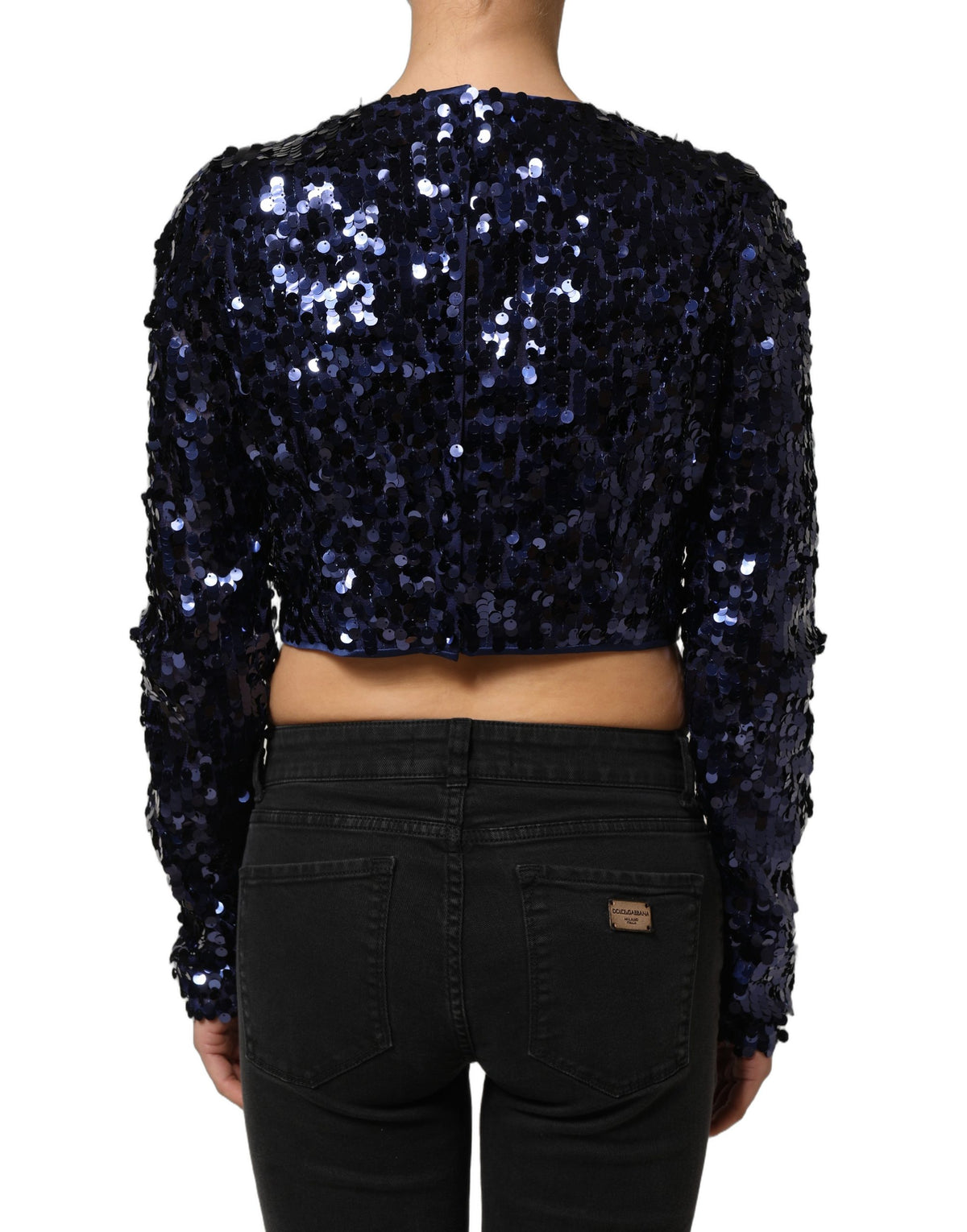 Dolce & Gabbana Women's Crop Top Cropped Long-Sleeve Round Neck Silk & Nylon Blouse - Blue