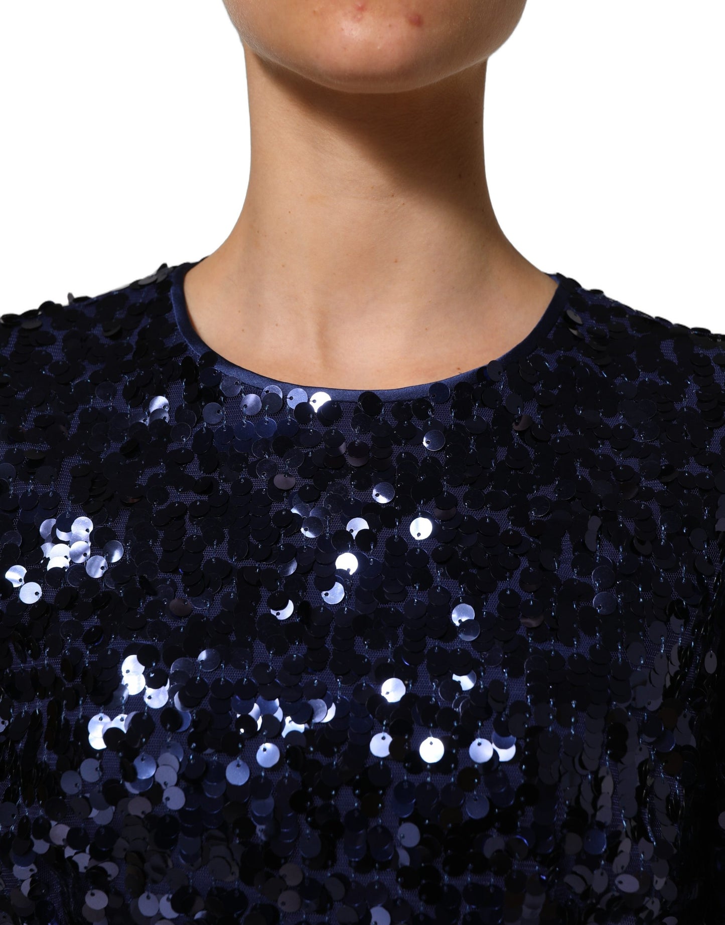 Dolce & Gabbana Blue Sequined Long Sleeves Crop Blouse Top