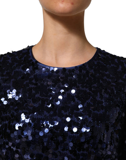 Dolce & Gabbana Women's Crop Top Cropped Long-Sleeve Round Neck Silk & Nylon Blouse - Blue