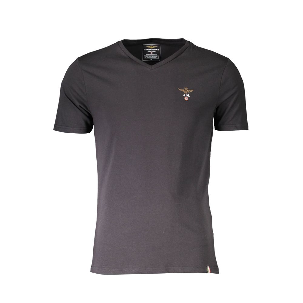 Activewear T-Shirt by Aeronautica Militare for men in stretch cotton black features an ergonomic design with , highlighting a ergonomic short-sleeve length and ergonomic v-neck neckline for a high-performance look.