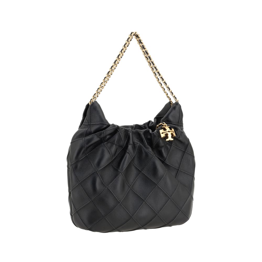 This Mini Shoulder Hobo Handbag by Tory Burch for women in bos taurus calf leather and black & plaid presents a sculptural silhouette featuring a secure magnetic & button, ample single-compartment, and versatile shoulder-strap & handle for a sculptural finish.