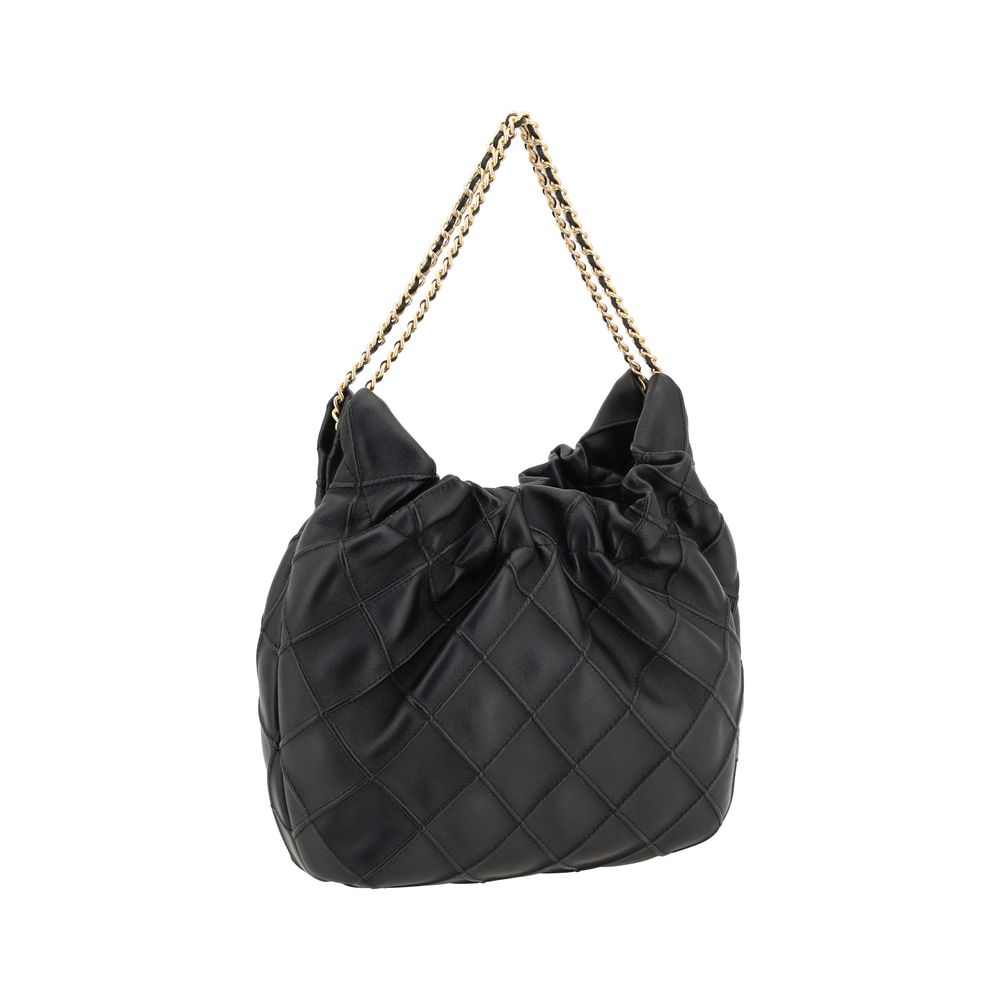 Mini Shoulder Hobo Handbag by Tory Burch for women in bos taurus calf leather black & plaid features a contemporary silhouette, showcasing a secure magnetic & button, ample single-compartment, and contemporary shoulder-strap & handle for a sophisticated look.