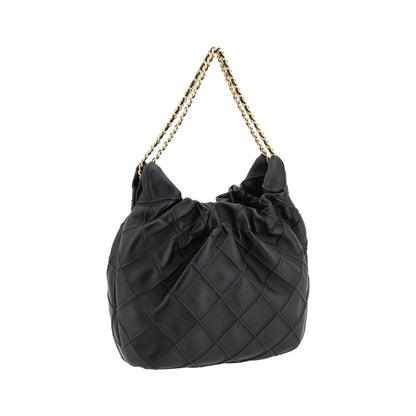 Mini Shoulder Hobo Handbag by Tory Burch for women in bos taurus calf leather black & plaid features a contemporary silhouette, showcasing a secure magnetic & button, ample single-compartment, and contemporary shoulder-strap & handle for a sophisticated look.