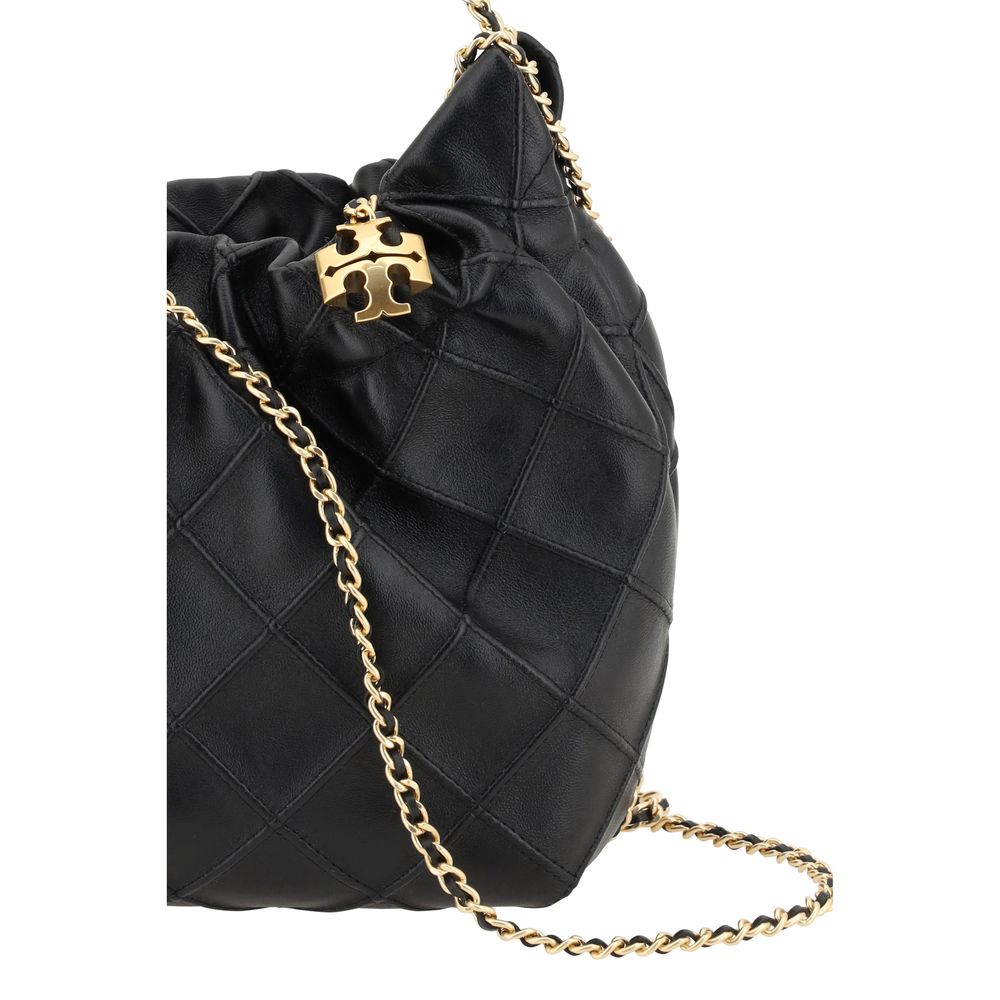 Mini Shoulder Hobo Handbag by Tory Burch for women in bos taurus calf leather black & plaid features a refined silhouette, showcasing a secure magnetic & button, organized single-compartment, and versatile shoulder-strap & handle for a refined finish.