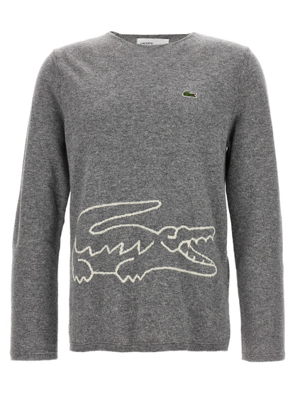 Cardigan by Comme Des Garçons for men in wool gray features a dramatic silhouette, showcasing a sophisticated and dramatic detail for a timeless, premium look.
