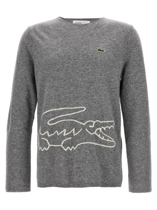 Cardigan by Comme Des Garçons for men in wool gray features a dramatic silhouette, showcasing a sophisticated and dramatic detail for a timeless, premium look.