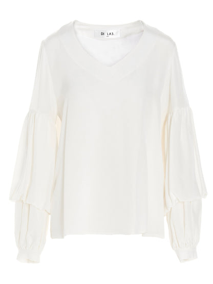 Blouse by DI.LA3 PARI' for women in silk white showcases a sublime silhouette, artfully detailed with a sublime v-neck neckline and for a sophisticated, sublime finish.