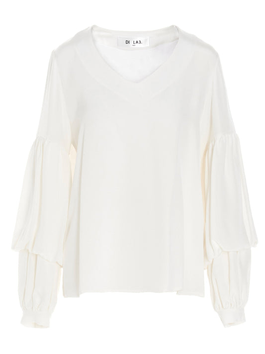 Blouse by DI.LA3 PARI' for women in silk white showcases a sublime silhouette, artfully detailed with a sublime v-neck neckline and for a sophisticated, sublime finish.