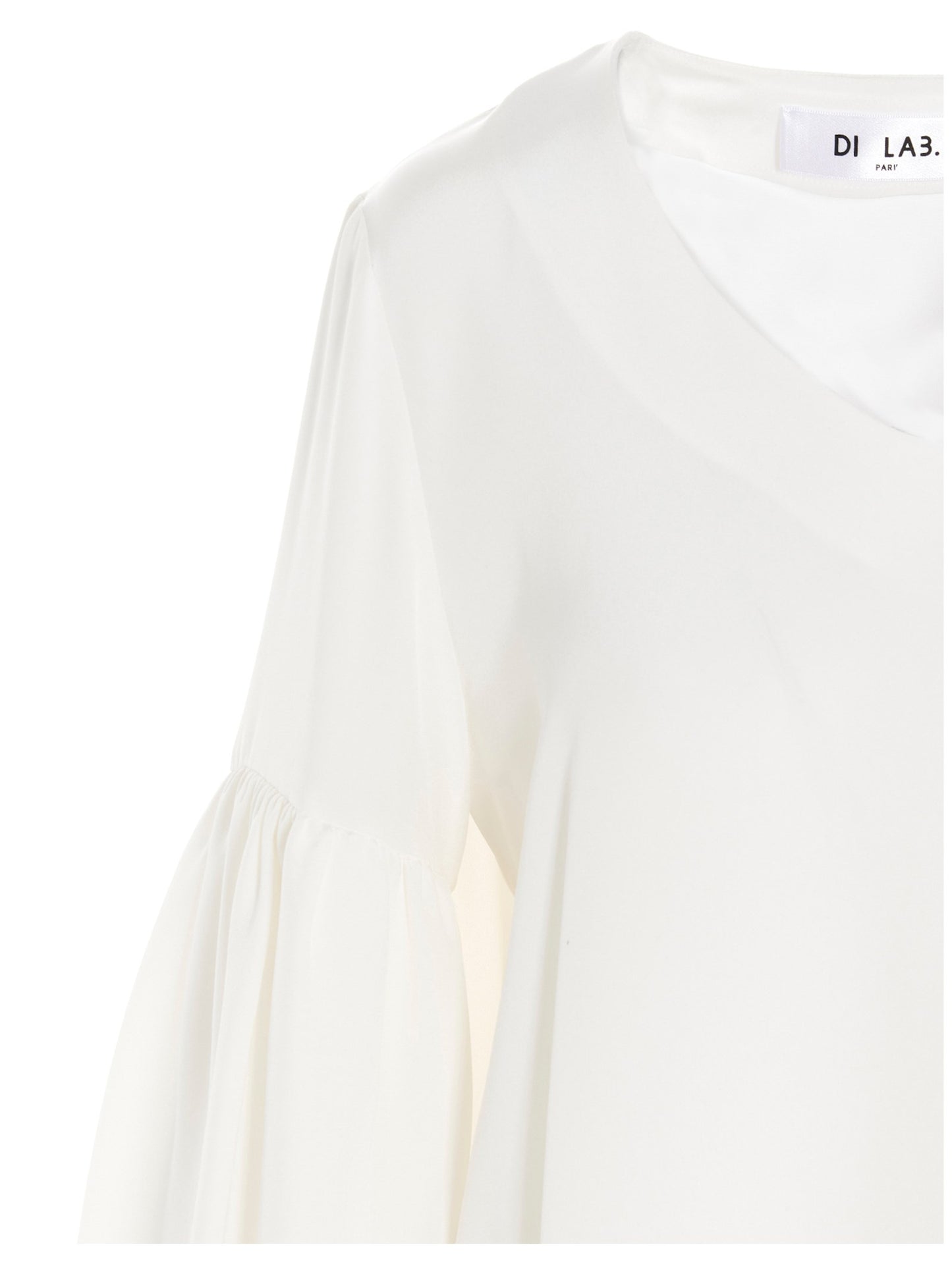 Blouse by DI.LA3 PARI' for women in silk white features an polished silhouette, showcasing a sophisticated v-neck neckline and detail for a truly polished finish.