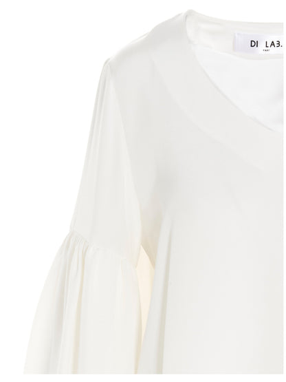 Blouse by DI.LA3 PARI' for women in silk white features an polished silhouette, showcasing a sophisticated v-neck neckline and detail for a truly polished finish.