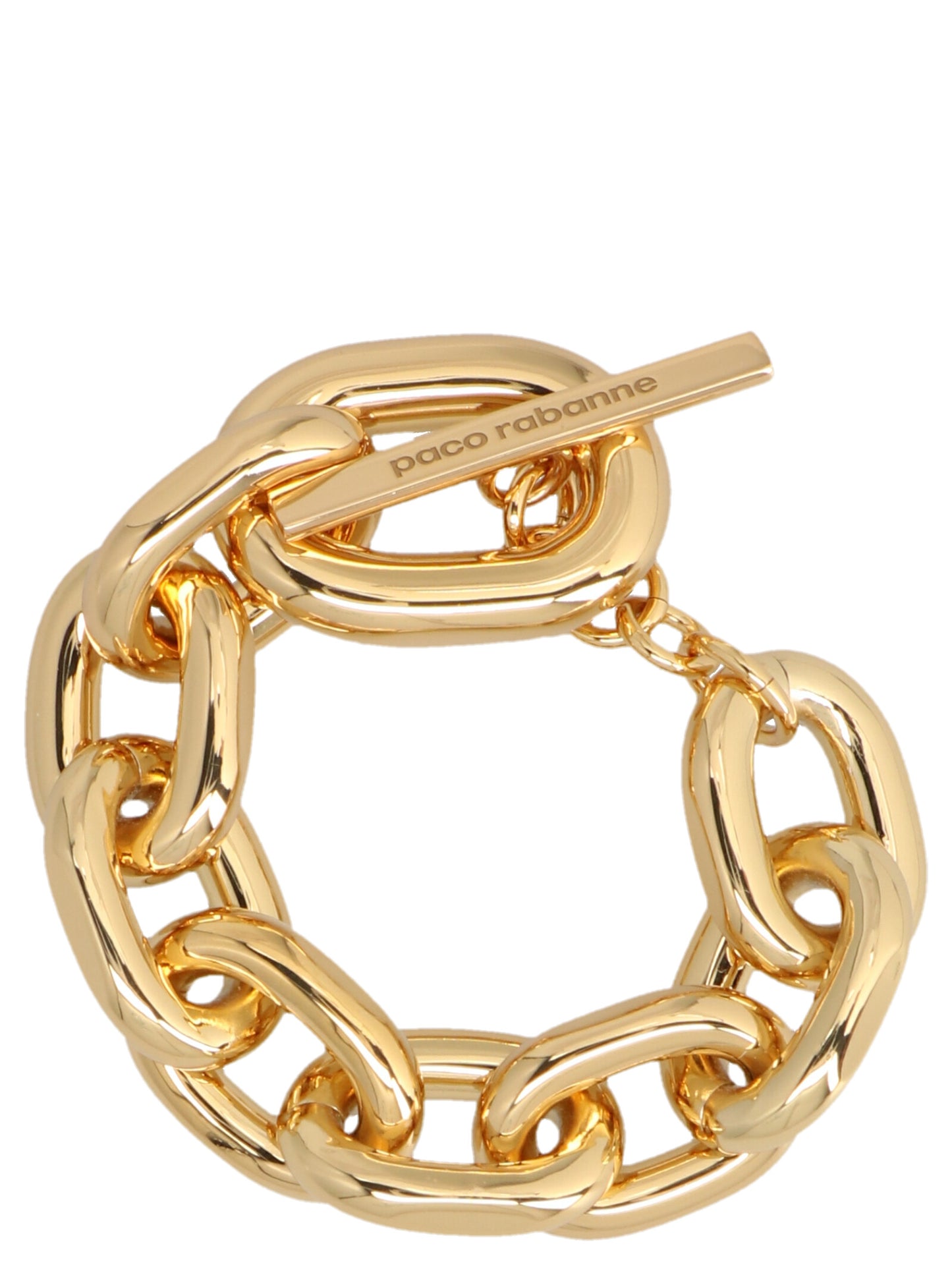 This Bracelet by Paco Rabanne for women in stretch cotton and gold showcases a exquisite silhouette, highlighting the intricate chain link bracelet design from the Women's Chain Link Gold Brass Bracelet collection for a exquisite aesthetic.